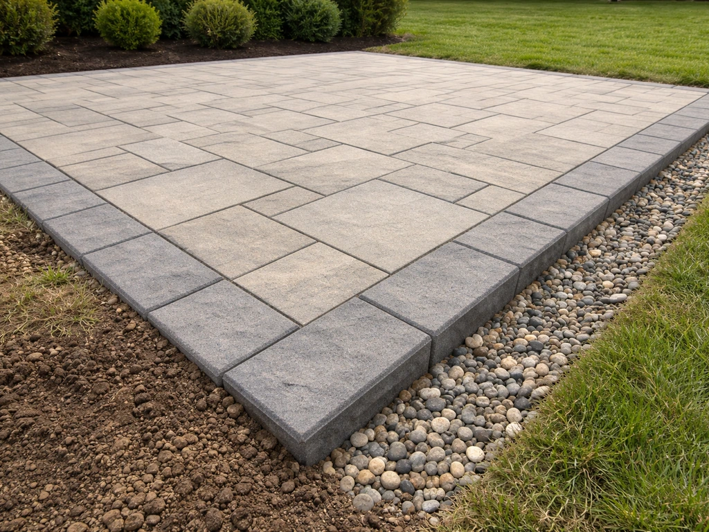 Finished backyard patio with level surface, visible edging, and subtle drainage at uneven ground