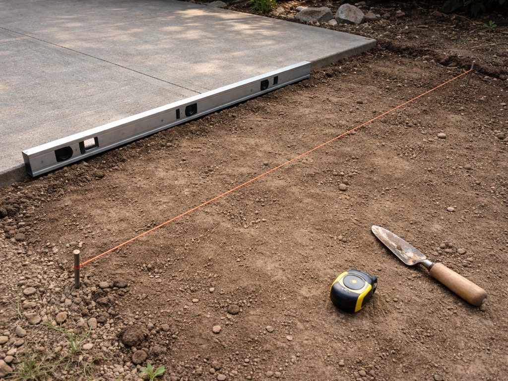 A long level and taut string line measure an uneven patio base, with tape and trowel nearby.