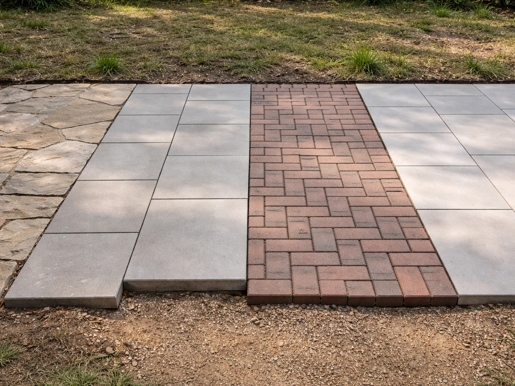 Minimal patio surface lineup showing flagstone, concrete pavers, brick, and porcelain laid over uneven ground.