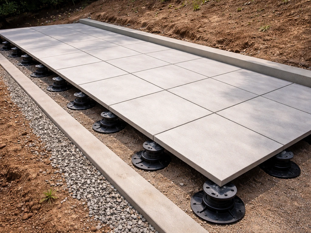 Porcelain pavers on adjustable pedestals over a sloped patio, leveled and stable, with gravel edge.