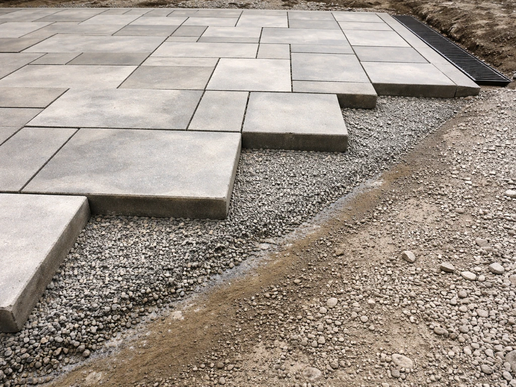 Close-up of a patio base with pavers on uneven ground, showing water runoff slope toward a drainage outlet.