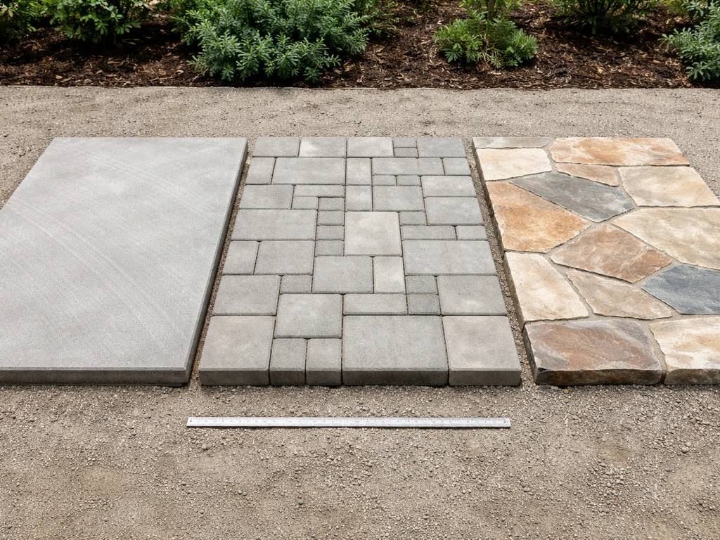 Close view of poured concrete slab, pavers, and flagstone/brick patio surfaces side by side showing textures.