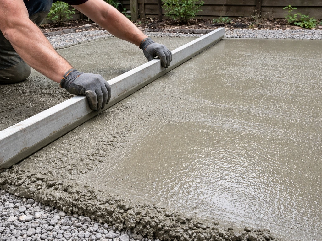 Hands screeding a freshly poured concrete patio slab with broom-finish texture forming.