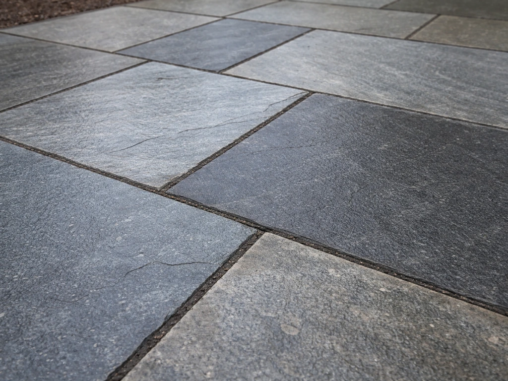 Close-up of patio natural stone slabs with visible seams and slate/bluestone color variation