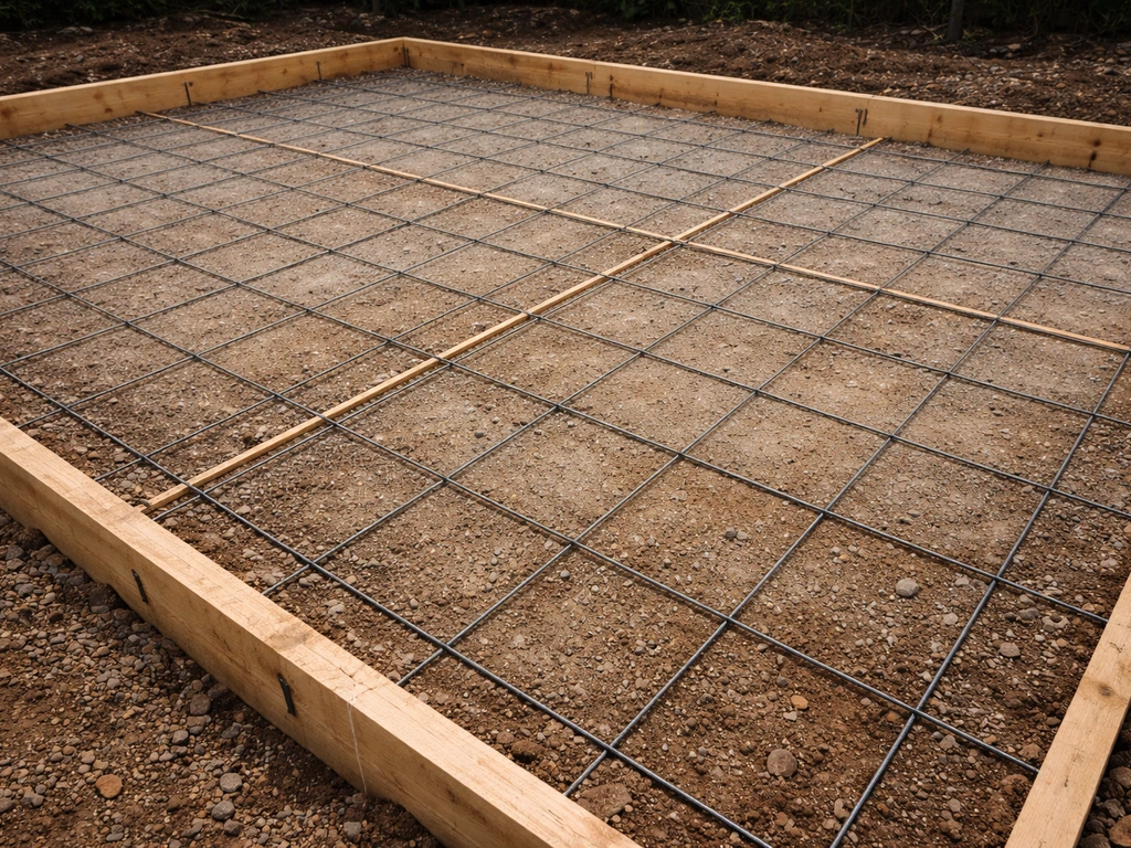 Excavated patio subgrade with rebar/wire mesh and wooden forms ready for slab installation.