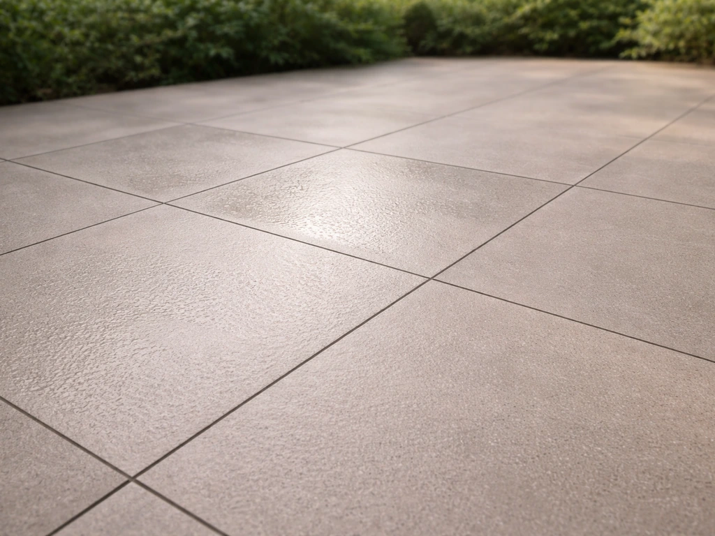 Outdoor patio floor with matte non-slip porcelain tiles, slight wet sheen for traction, clean minimal layout.