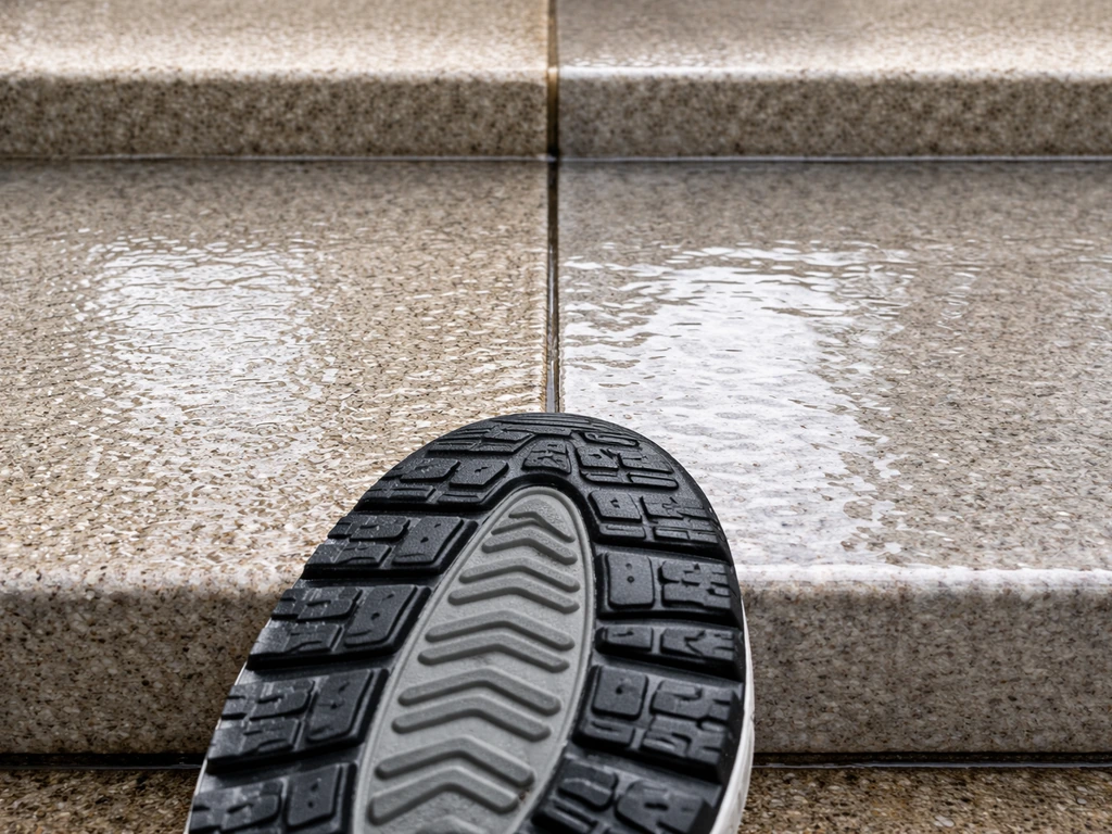 Close-up of a wet textured vs smooth outdoor tile with a shoe tread pressing on the surface.