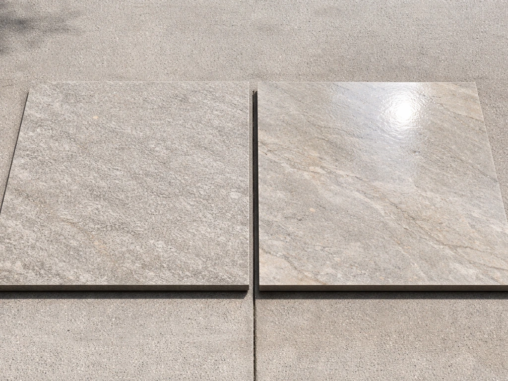 Side-by-side close-up of matte unglazed and glossy glazed porcelain paver surfaces with different shine