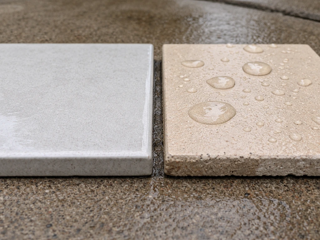 Side-by-side wet tile samples showing sealed versus more absorbent porous ceramic for freeze-thaw risk.