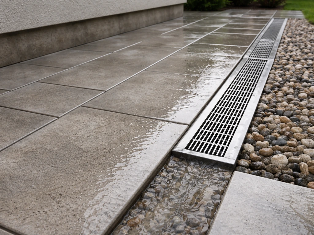Outdoor patio tiles on a visible drainage slope with water running away from the house into a channel