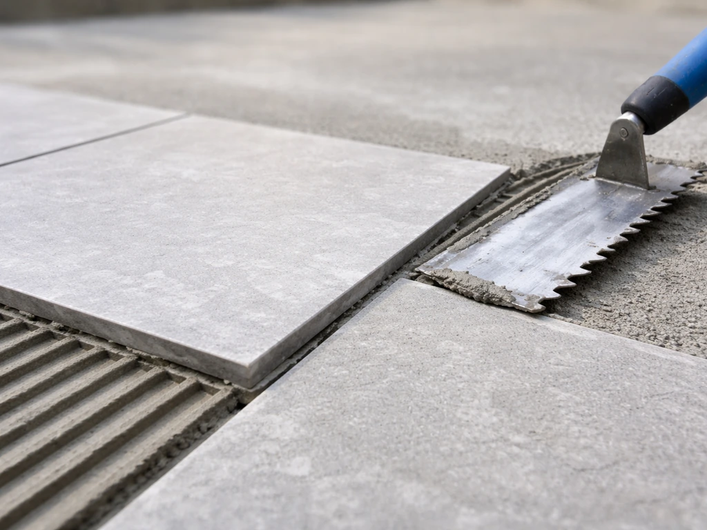 Close-up of exterior tile install with thinset bed thickness, mortar coverage, and a visible grout/movement joint gap.