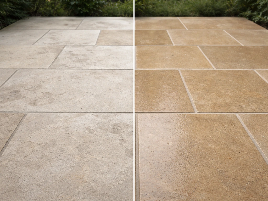 Two adjacent limestone patio sections: left unsealed with spots, right freshly sealed with even, darker color.