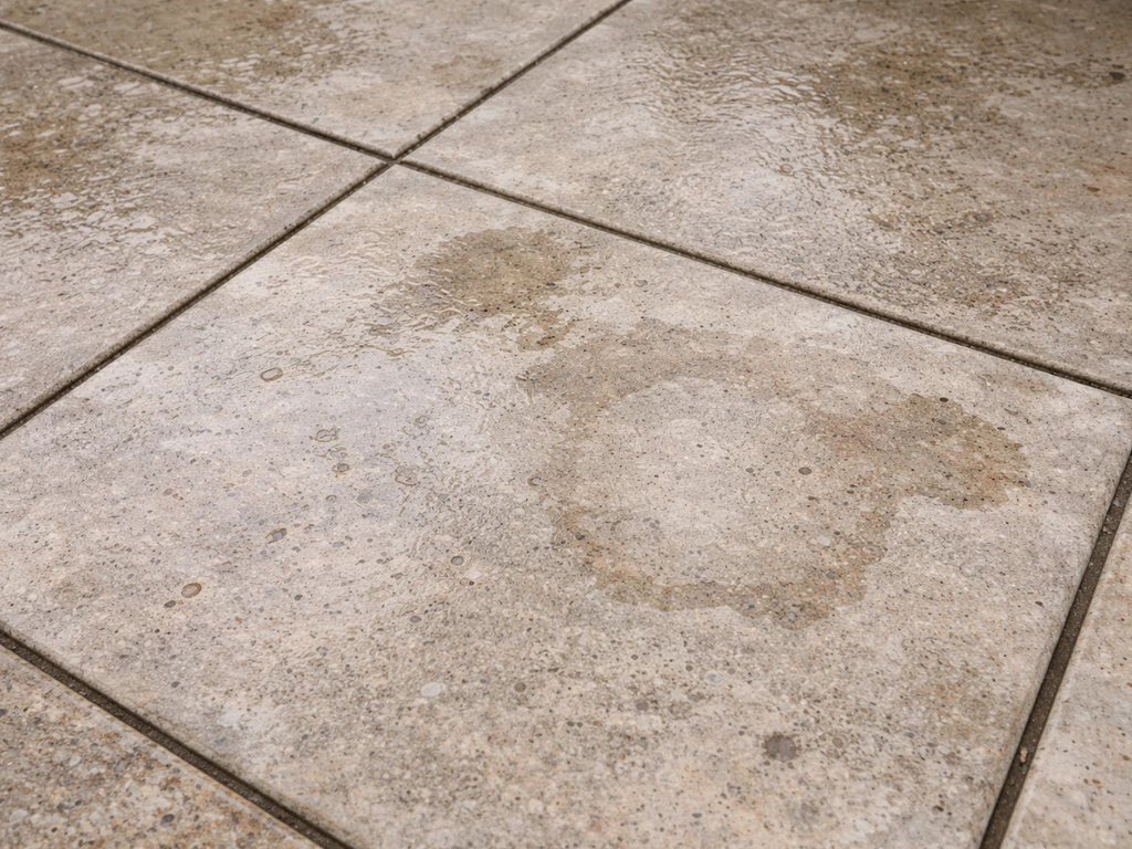 Close-up of porous limestone patio with dark rain and spilled drink spotting, before sealing.