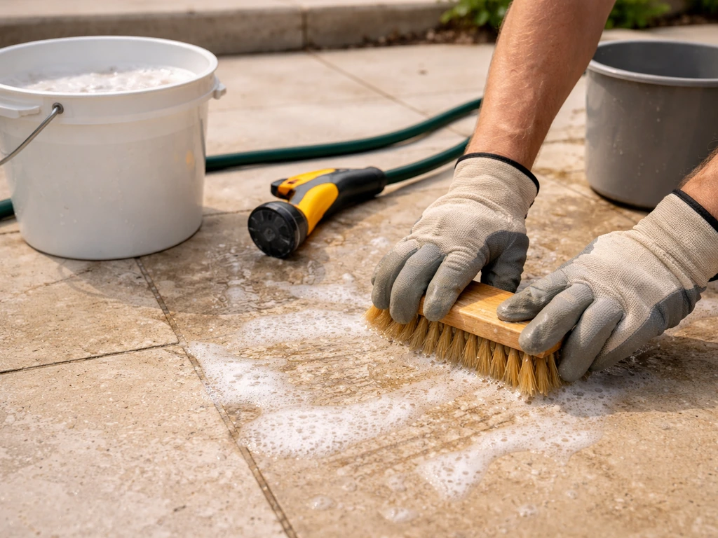 DIY cleaner tools and a bucket scrubbing limestone patio with a stiff brush before sealing.