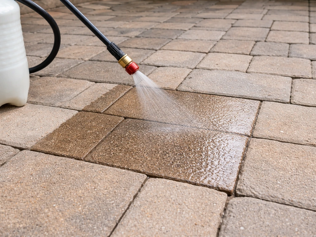 Low-pressure pump sprayer applying the first coat to a small patio section with crisp edges.