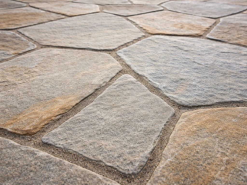 Close-up of a flagstone patio with neatly matched freeze-thaw–resistant grout-filled joints