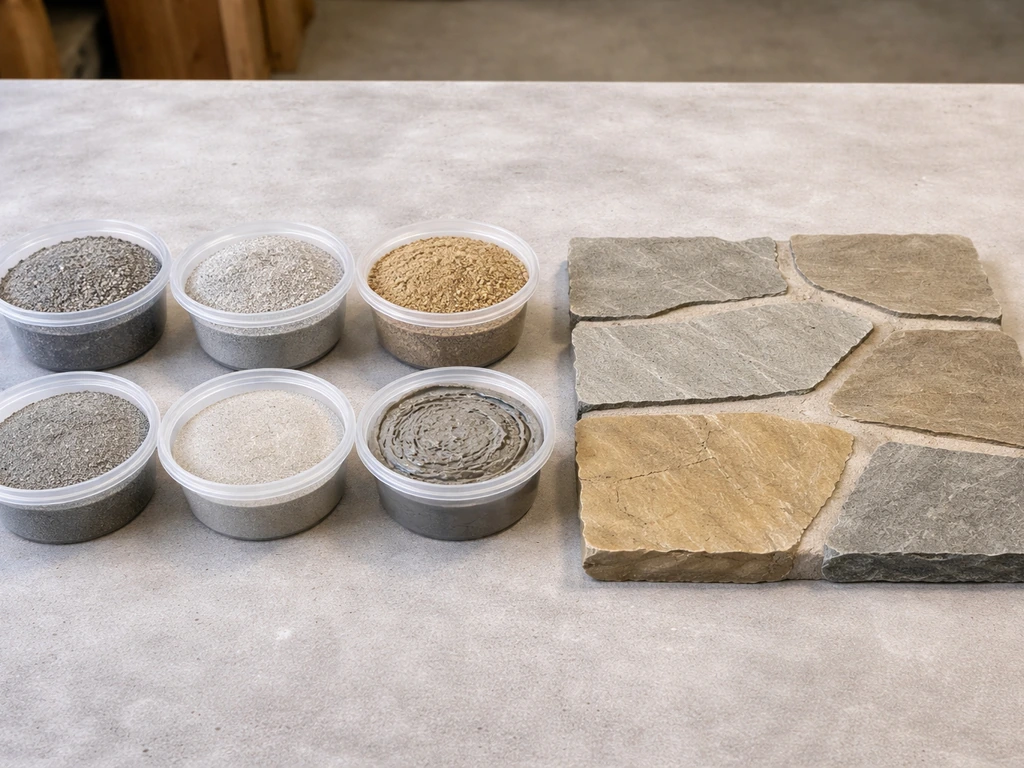 Four unlabeled containers beside a small flagstone joint sample section, showing different joint-fill materials.