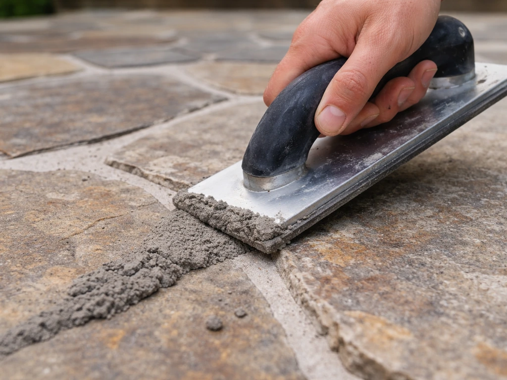 Close-up of a trowel spreading cement-based sanded grout into flagstone joints on a patio