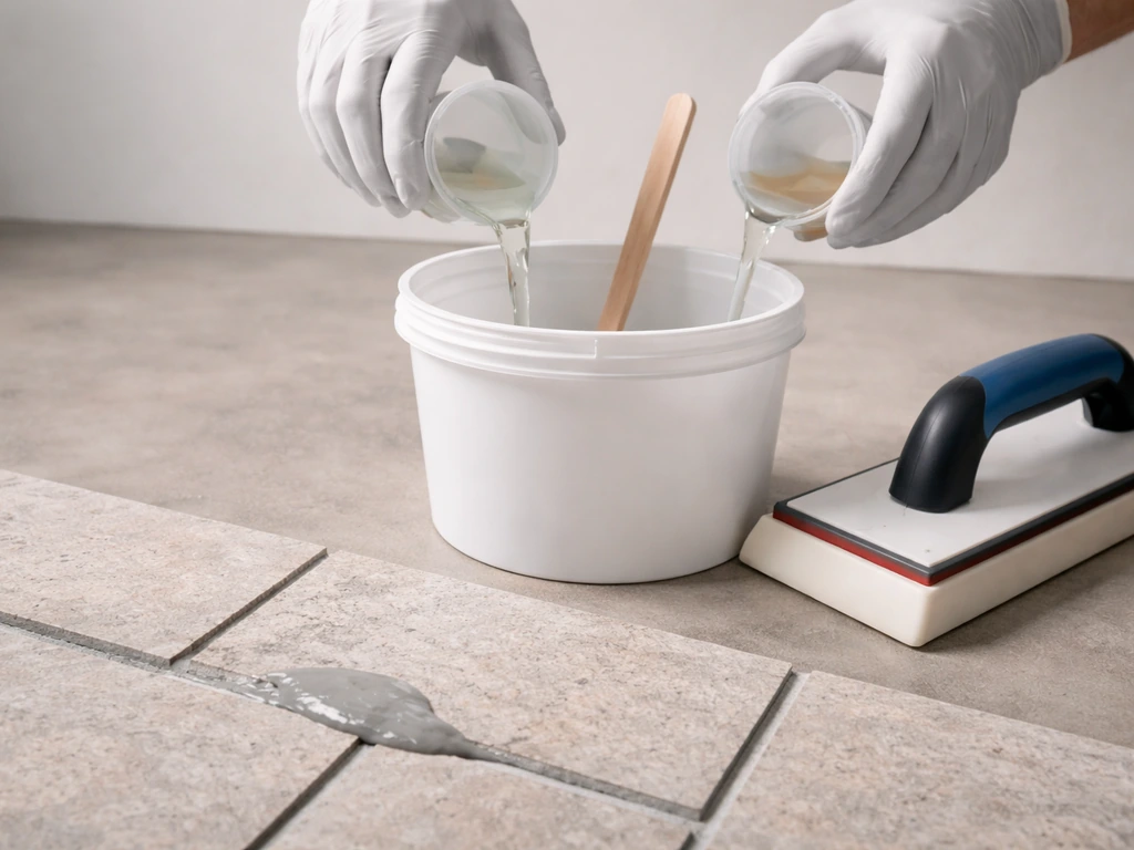 Two-part epoxy resin and hardener being mixed, then applied into narrow stone joints with a grout tool.