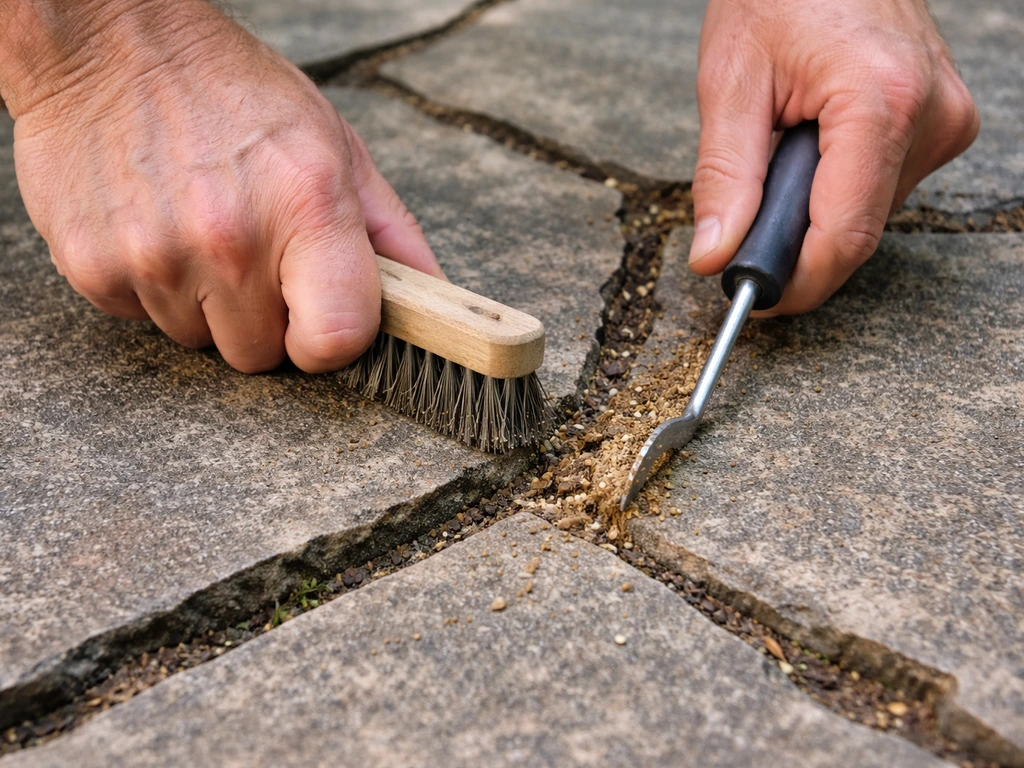 Hands brushing debris out of joints between outdoor flagstones with a stiff joint-cleaning tool