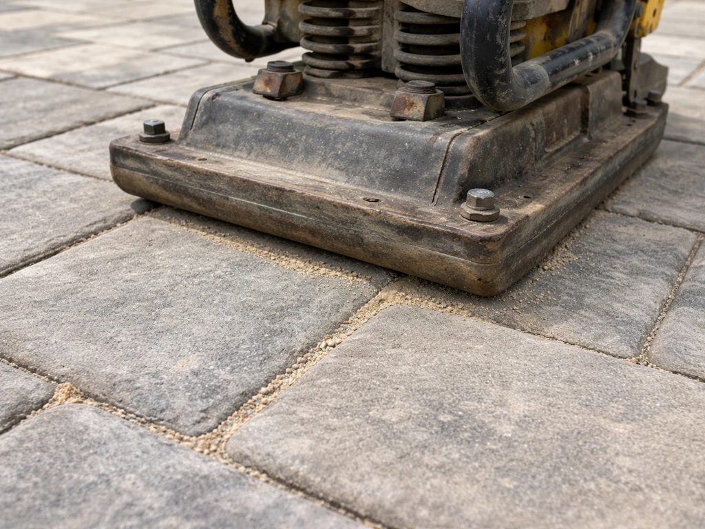 Plate compactor pressing polymeric sand into flagstone joints, sand visibly settled in gaps