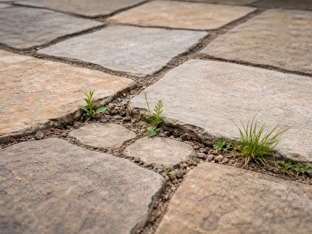 Outdoor flagstone patio with cracked, washed-out grout joints and weeds, next to intact filled joints.