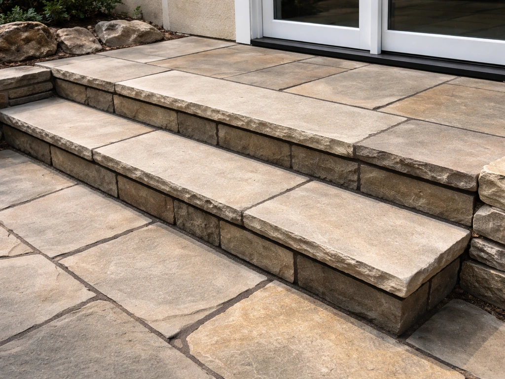 Finished natural stone patio steps with slip-resistant treads and clean grout lines in a tidy outdoor entry.