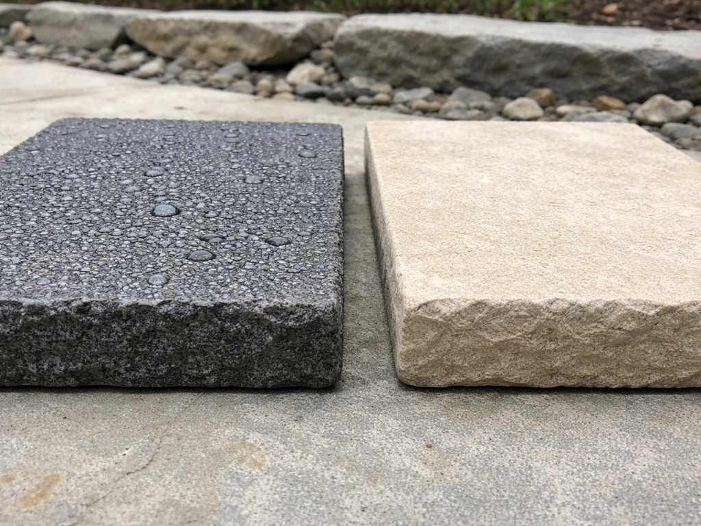 Close-up of granite and a softer stone sample for outdoor steps, showing textured non-slip traction.