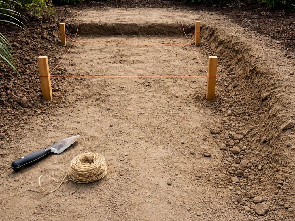 Backyard patio step layout with stakes, string line, and graded dirt slopes for drainage