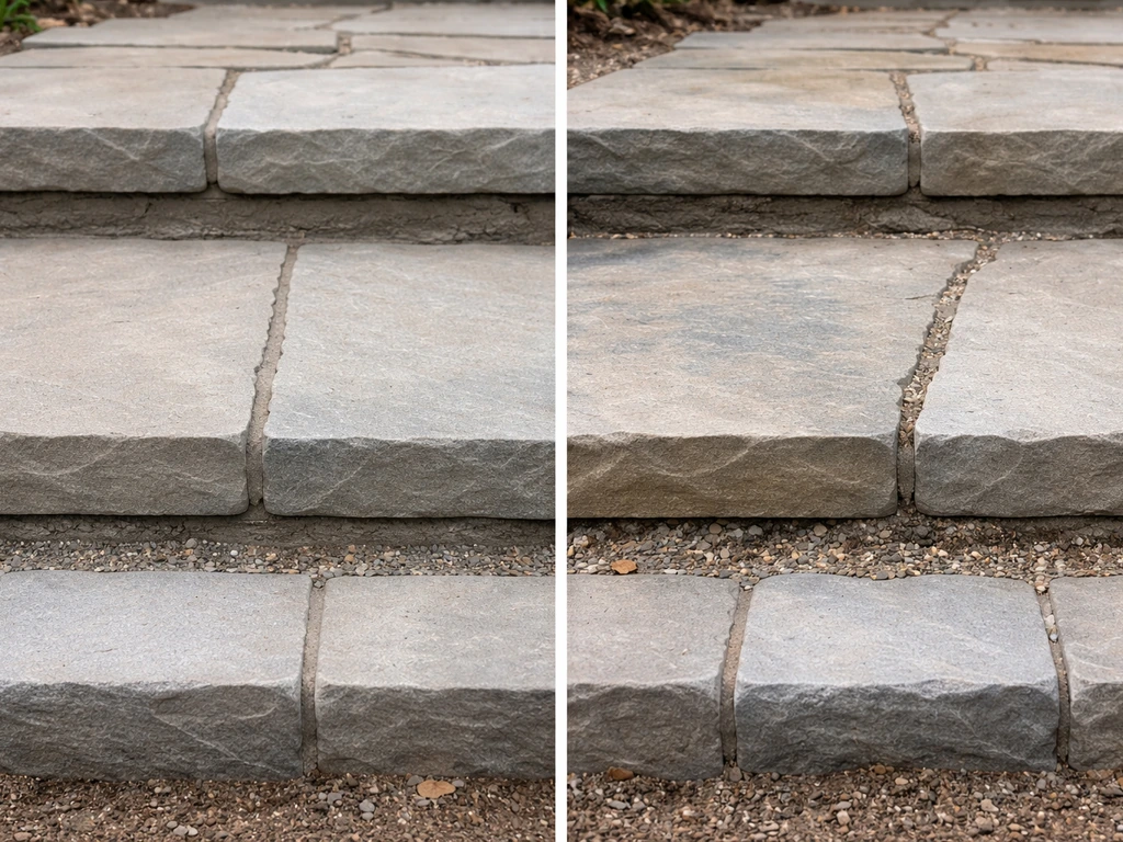Close-up of two natural stone steps: mortared joints on one side and dry-laid stones on the other with edging.