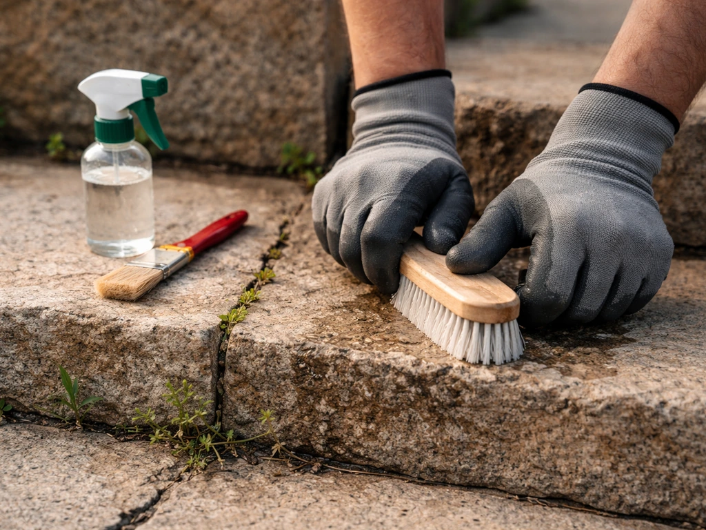 Gloved hands scrubbing natural stone steps, with weeds in joints and sealant tools nearby.