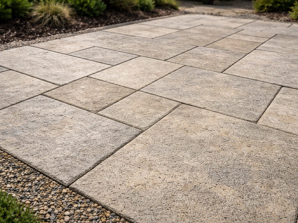 Wide outdoor patio with textured natural stone slabs in a slip-resistant, clean installation layout