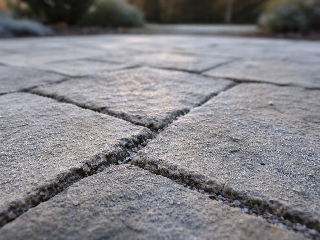 Textured cleft-cut stone patio with light frost in crevices, showing freeze-thaw risk in porous pavers