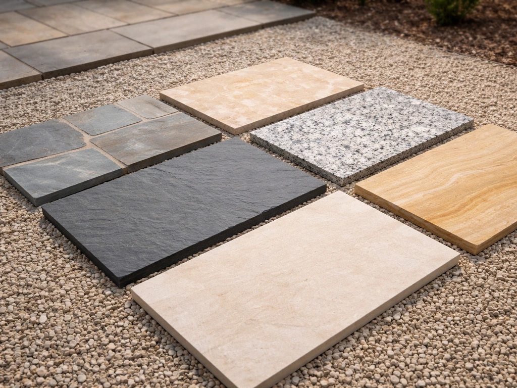Natural stone patio samples laid out in rows: bluestone, travertine, granite, slate, limestone, sandstone.