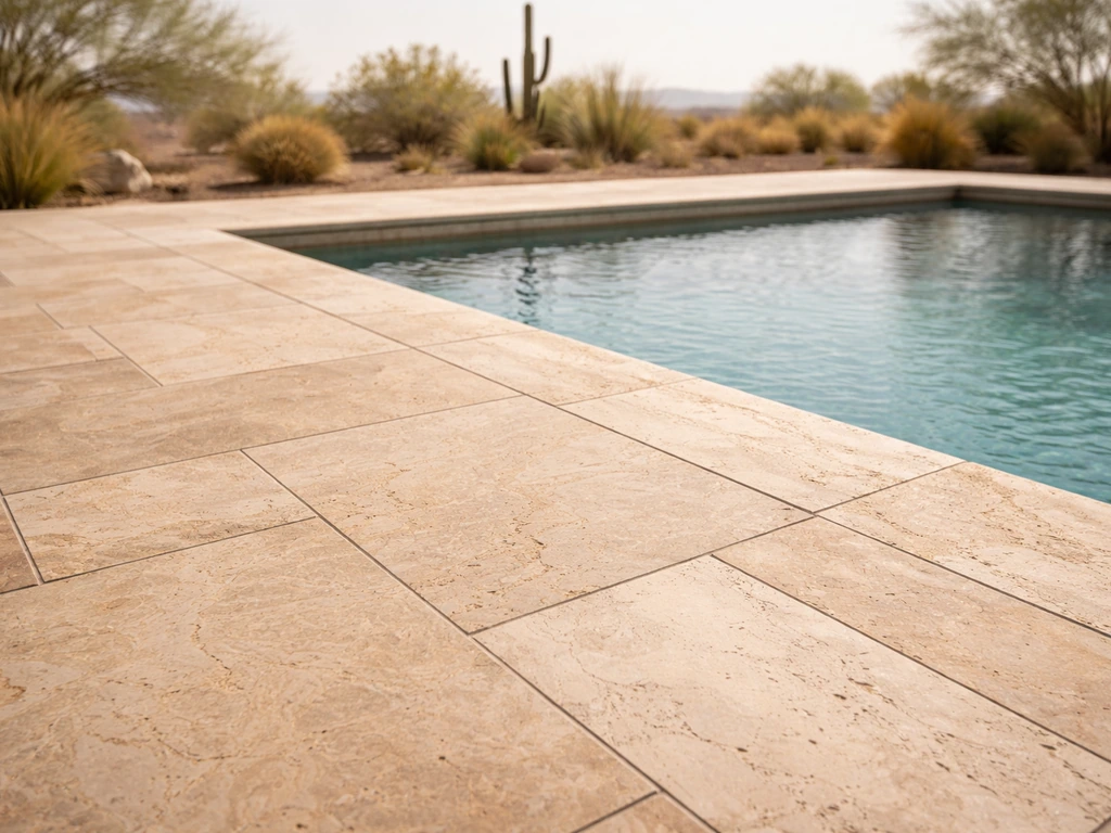 Sunlit travertine pool deck showing the pitted, vein-filled stone texture in a warm dry setting.