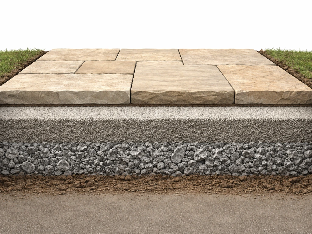 Minimal realistic cross-section of a stone patio base: compacted crushed stone, bedding, and stone pavers.