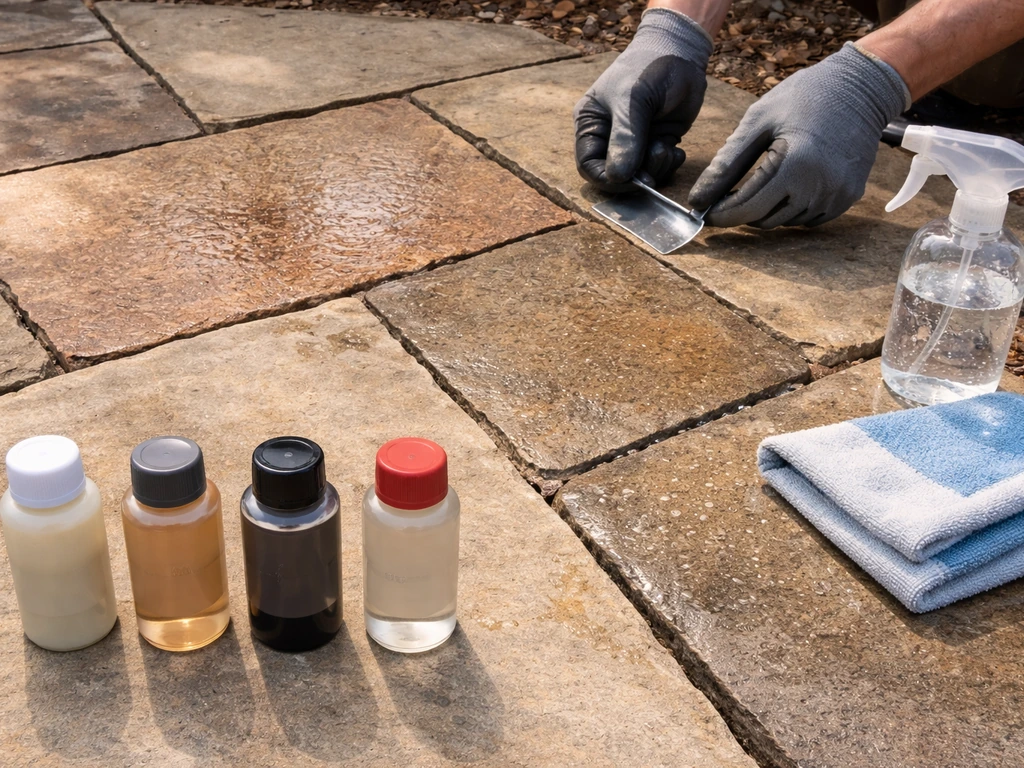 Minimal photo of an installer kneeling by flagstone pavers with open sealer samples and weathered stone textures.