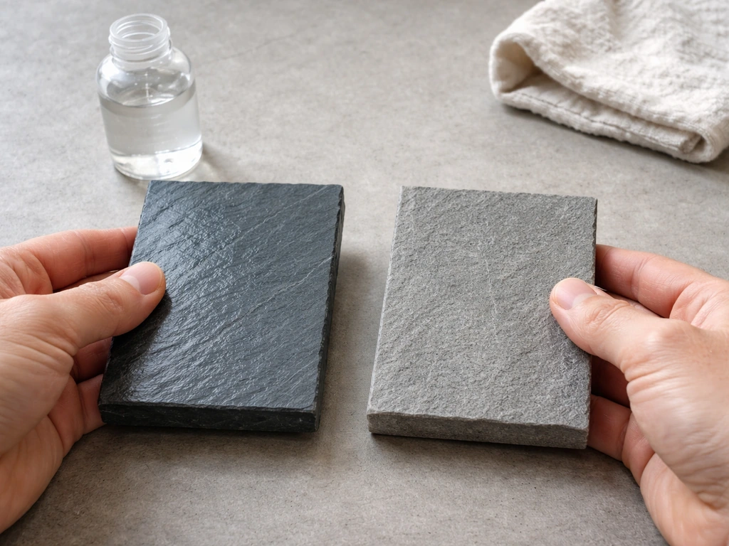 Hands placing two small flagstone samples side-by-side, one darker sealed-look stone and one unsealed stone.