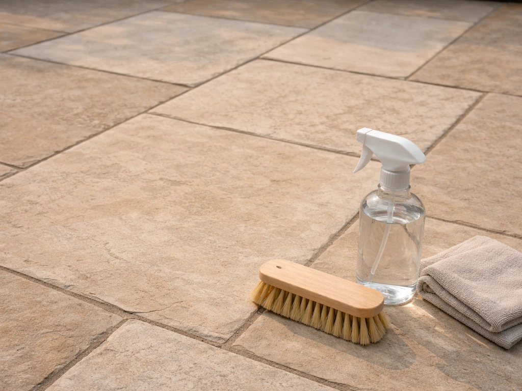 Limestone flagstone on a patio with pH-neutral cleaner spray bottle and soft brush resting nearby