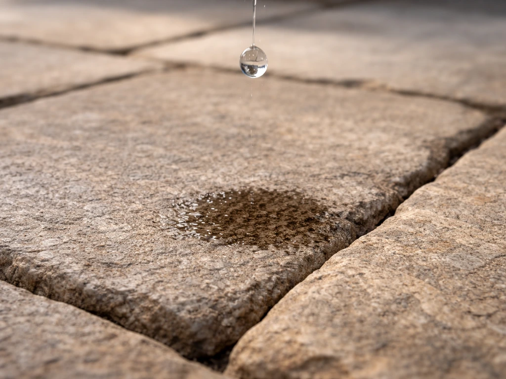 Close-up of a drip-water test on stone pavers, showing a drop beading vs soaking