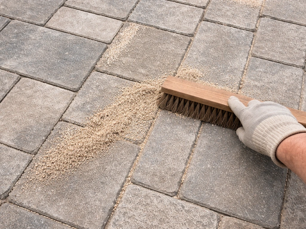 Top-down view of coarse jointing sand being swept into gaps between patio stone pavers.