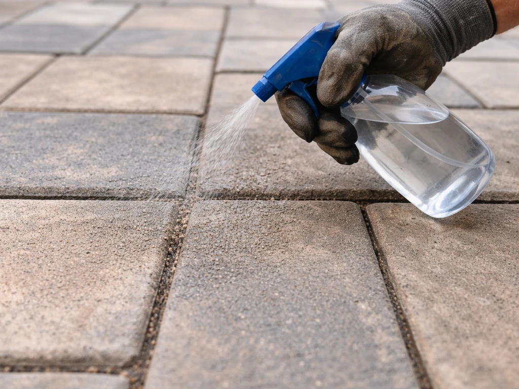 Gloved hand misting polymeric sand joints between stone pavers, joints slightly darkened.