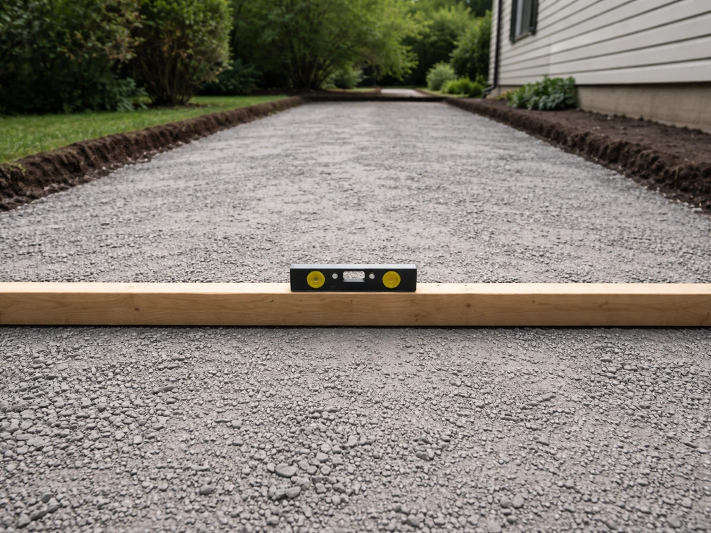 Minimal yard edge showing graded slope with a level tool over a compacted base for pavers.