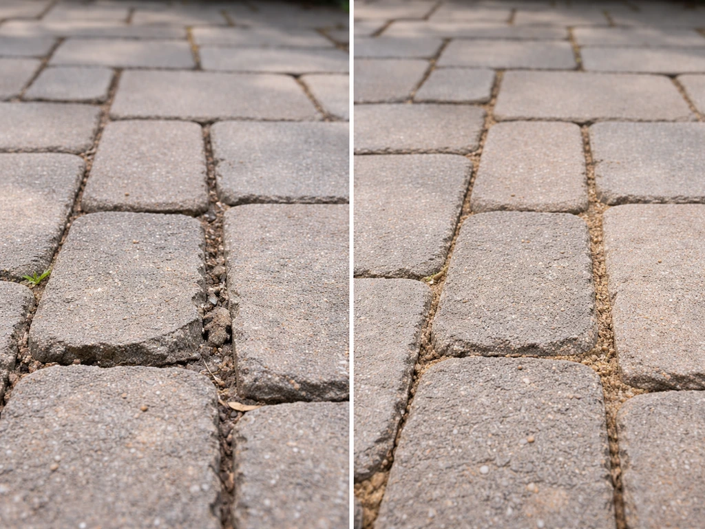 Side-by-side close-up of patio paver joints: washed-out sand with slight misalignment and a partially refilled repair ar