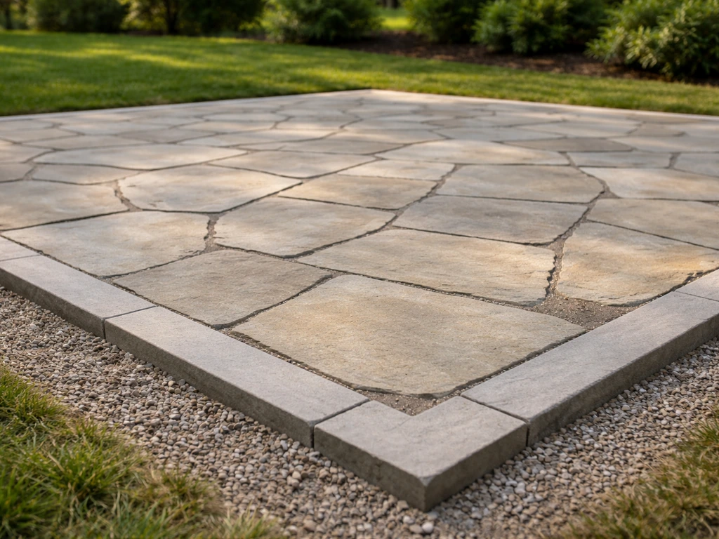 Completed flagstone patio with evenly set stones, visible joints, and sturdy edge restraint in a backyard