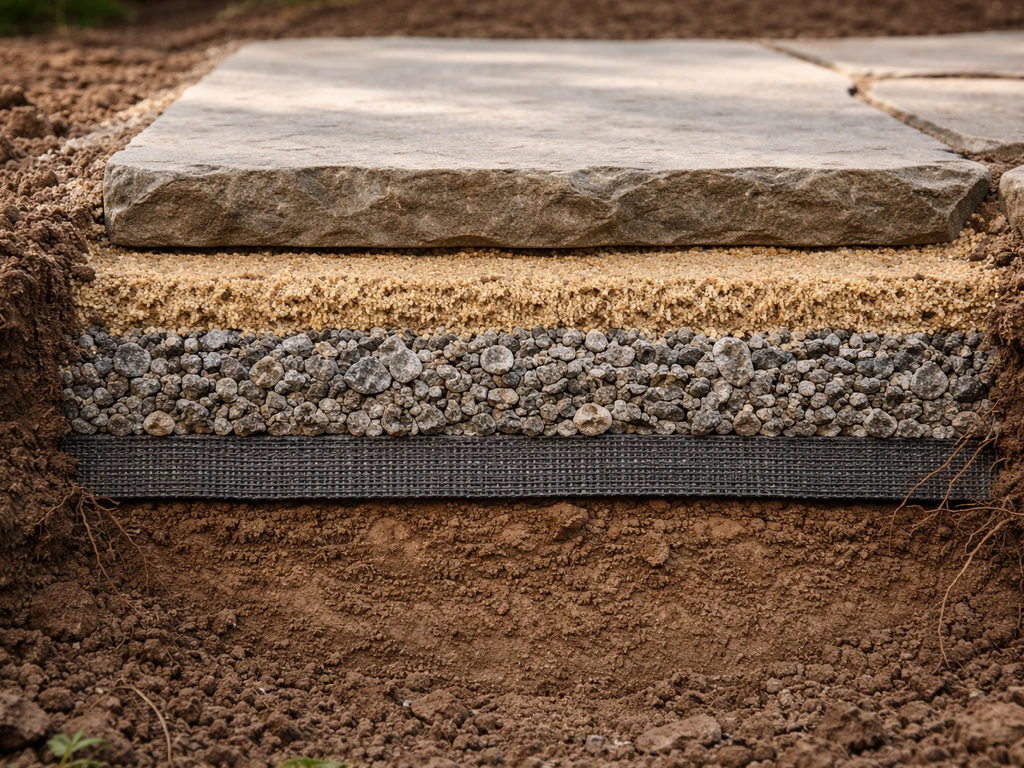 Minimal cross-section of a layered flagstone patio base: subgrade, gravel, geotextile, bedding sand.