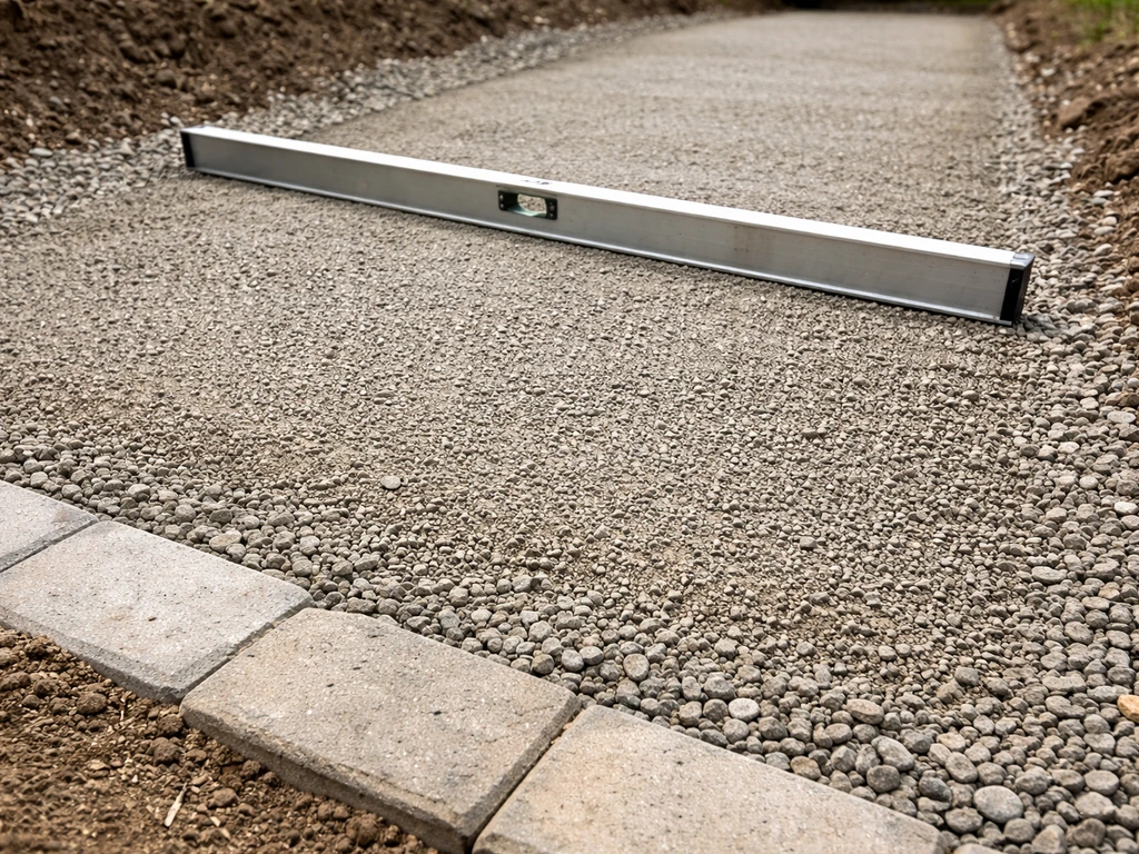 Close-up of compacted sub-base with a straightedge/level measuring the drainage slope.