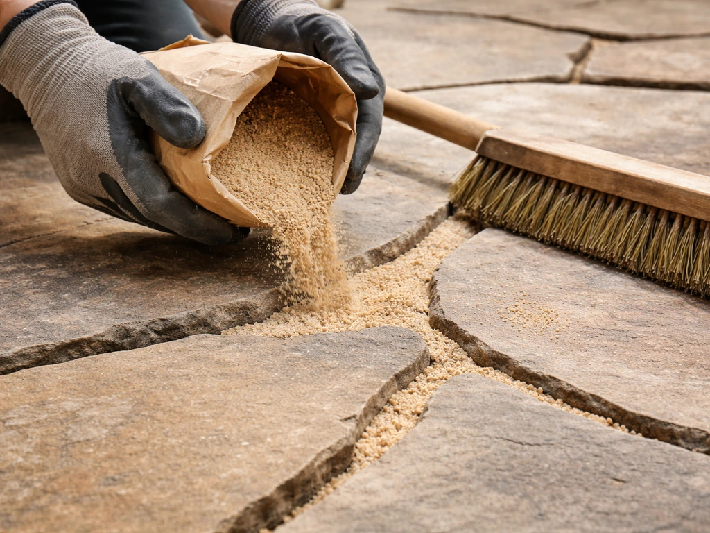 Gloved hands sweeping polymeric sand into flagstone joints of different widths