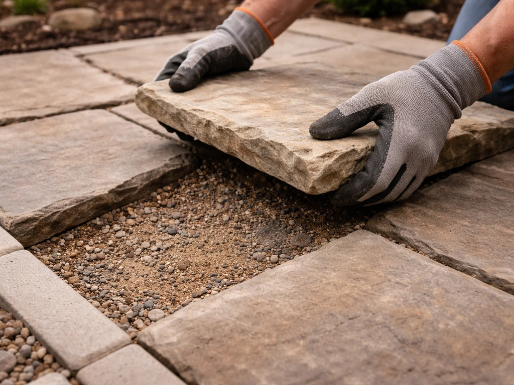 Flagstone patio corner lifted to reveal under-compacted gravel and bedding layer for repair.