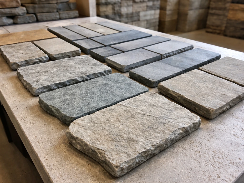 Showroom surface with neatly arranged cut natural stone samples like flagstone and bluestone.